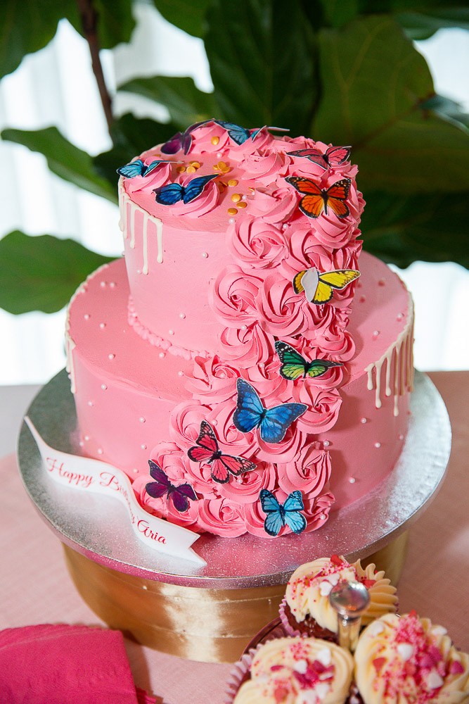 1st birthday pink cake with butterflies for baby girl