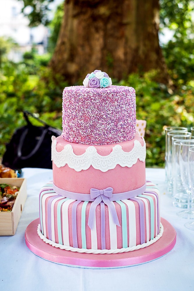 outdoor 1st birthday party in the park with pink and violet cake